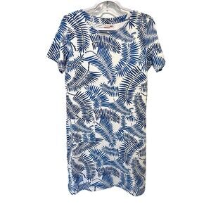 Persifor Blue & White Sz Large Leaf Print Short Sleeve Knee Length Dress Stretch